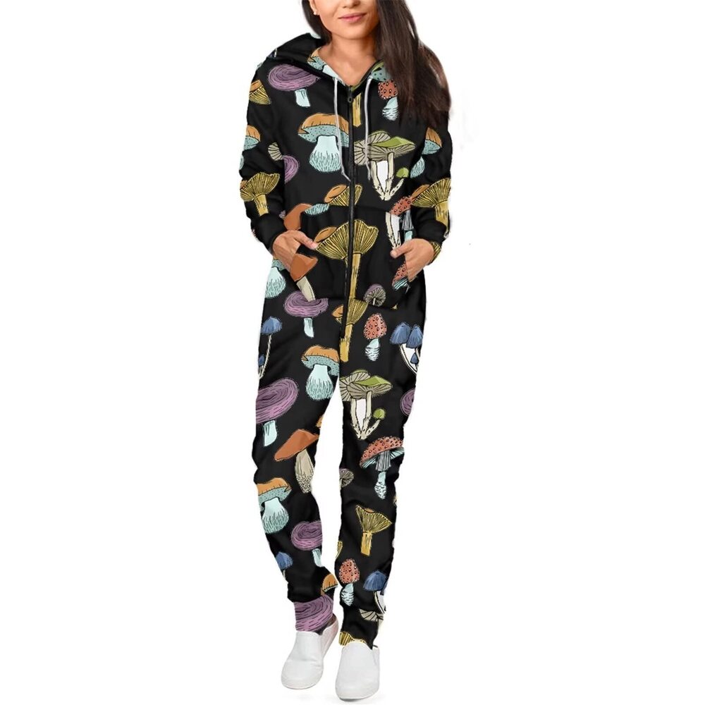 9640 Mushroom Print Onepiece Jumpsuit Hooded Long Sleeves One Pieces